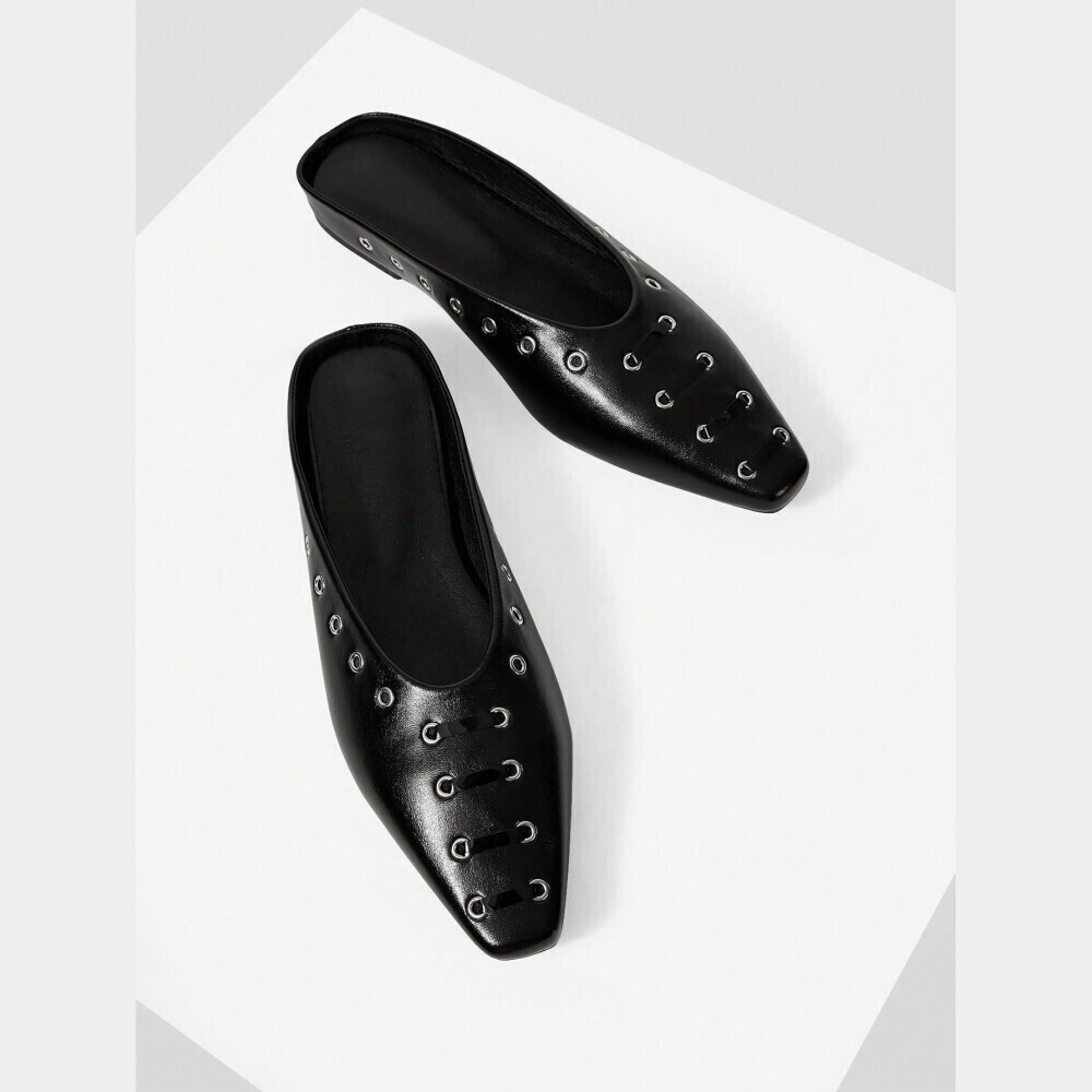 Black Grommet Trim Pointed Toe Square Flat Mules